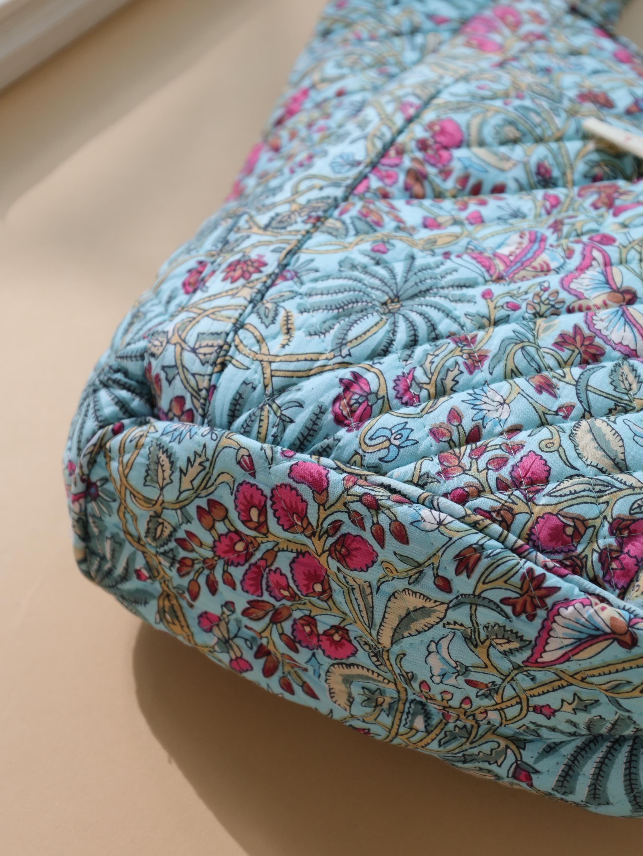 Luxury Handmade Tote Bag - Aqua Teal Pink Floral Block Print Sustainable Cotton Shopping Bag