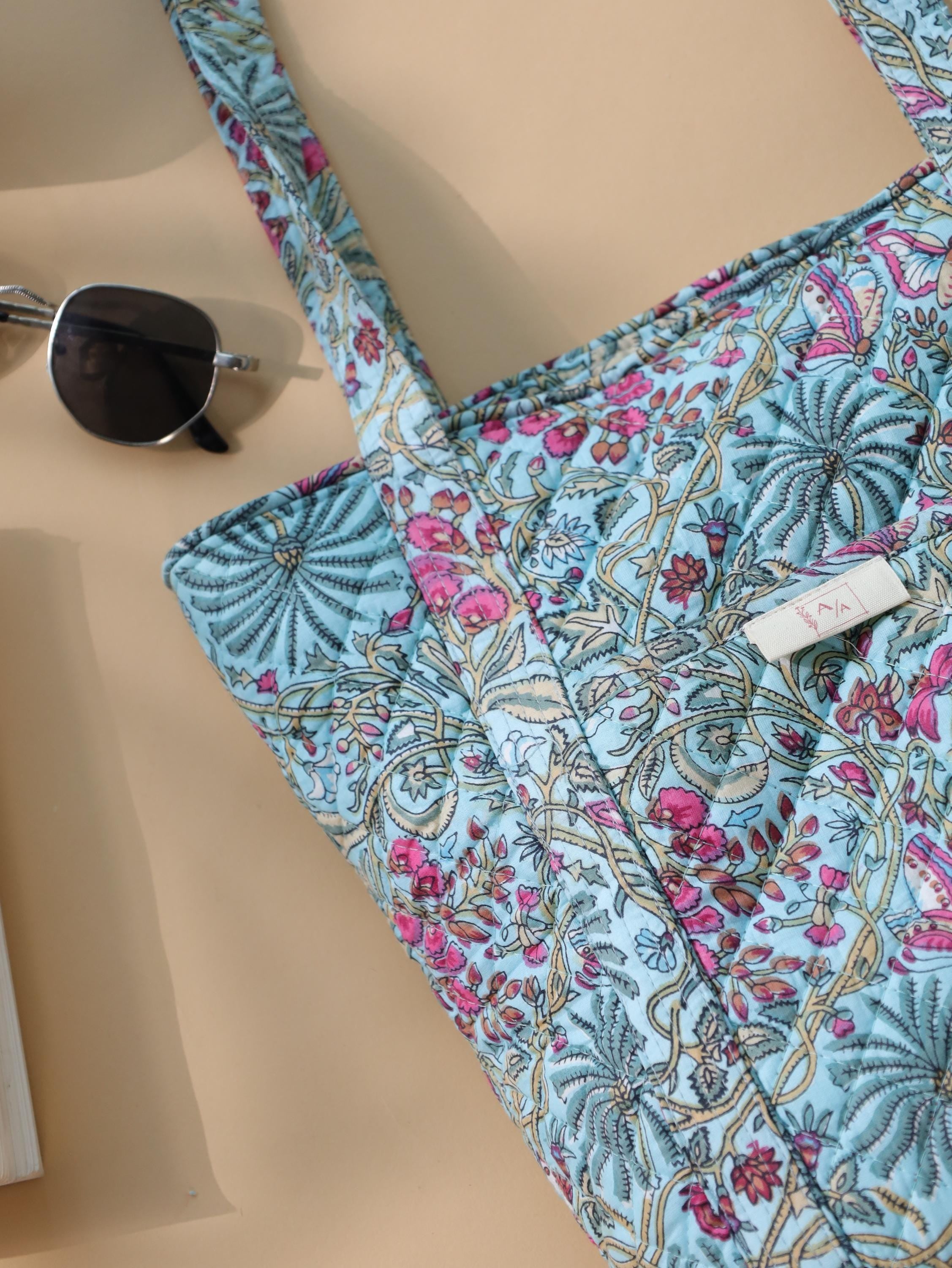 Luxury Handmade Tote Bag - Aqua Teal Pink Floral Block Print Sustainable Cotton Shopping Bag