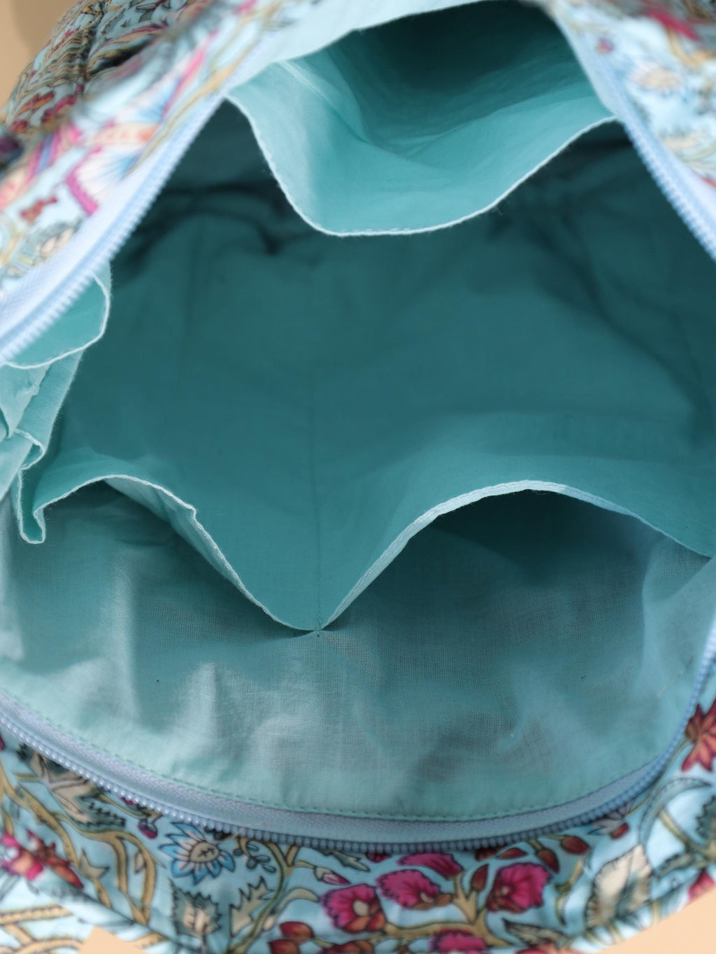 Luxury Handmade Tote Bag - Aqua Teal Pink Floral Block Print Sustainable Cotton Shopping Bag