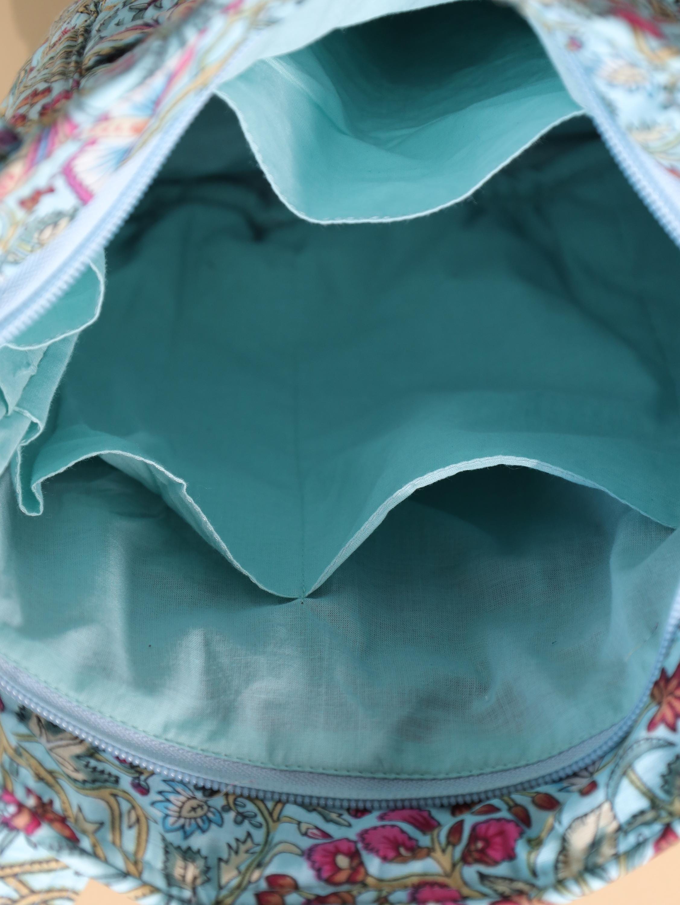 Luxury Handmade Tote Bag - Aqua Teal Pink Floral Block Print Sustainable Cotton Shopping Bag