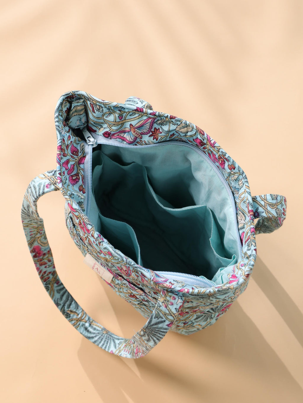 Luxury Handmade Tote Bag - Aqua Teal Pink Floral Block Print Sustainable Cotton Shopping Bag