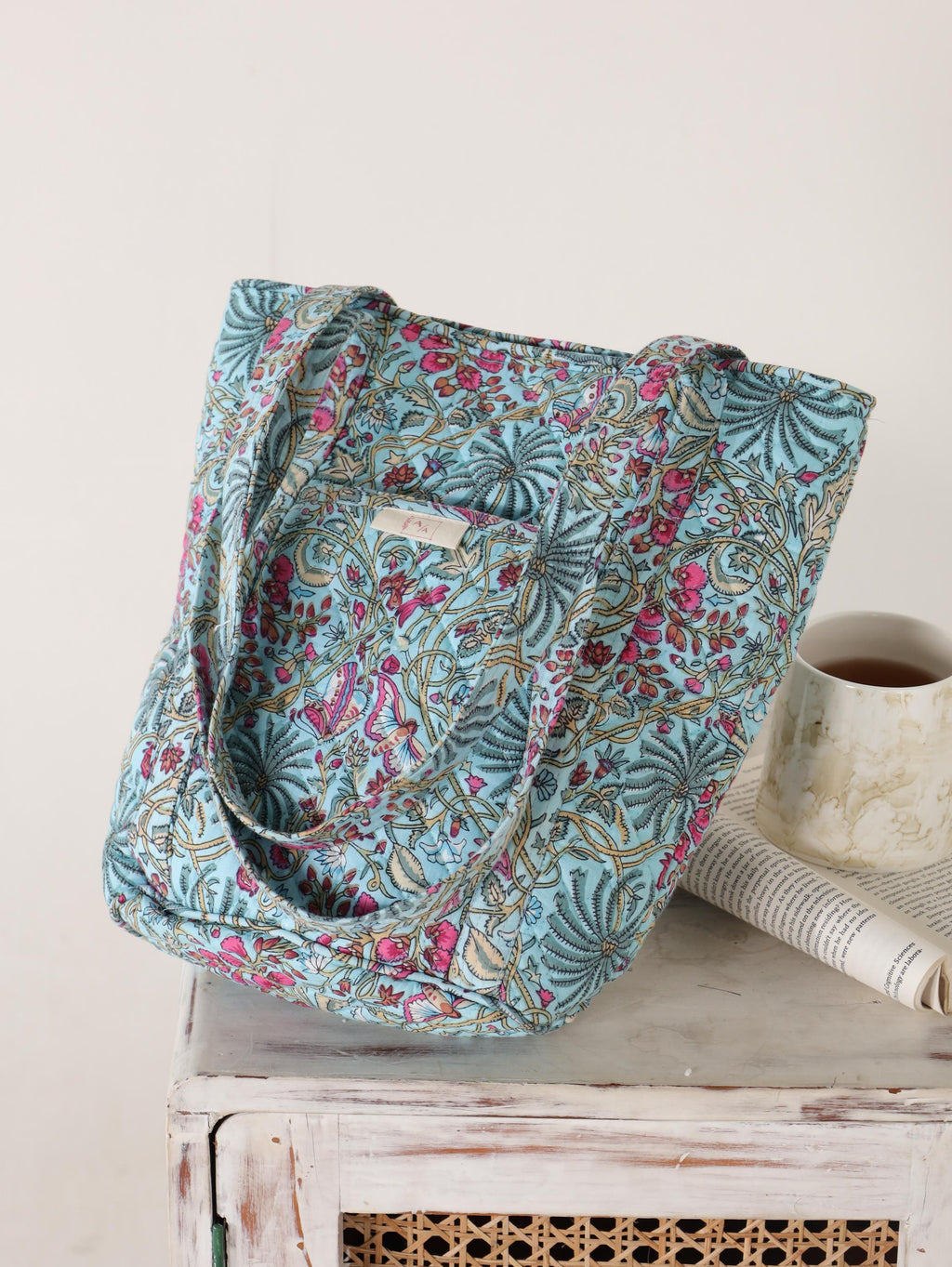 Luxury Handmade Tote Bag - Aqua Teal Pink Floral Block Print Sustainable Cotton Shopping Bag
