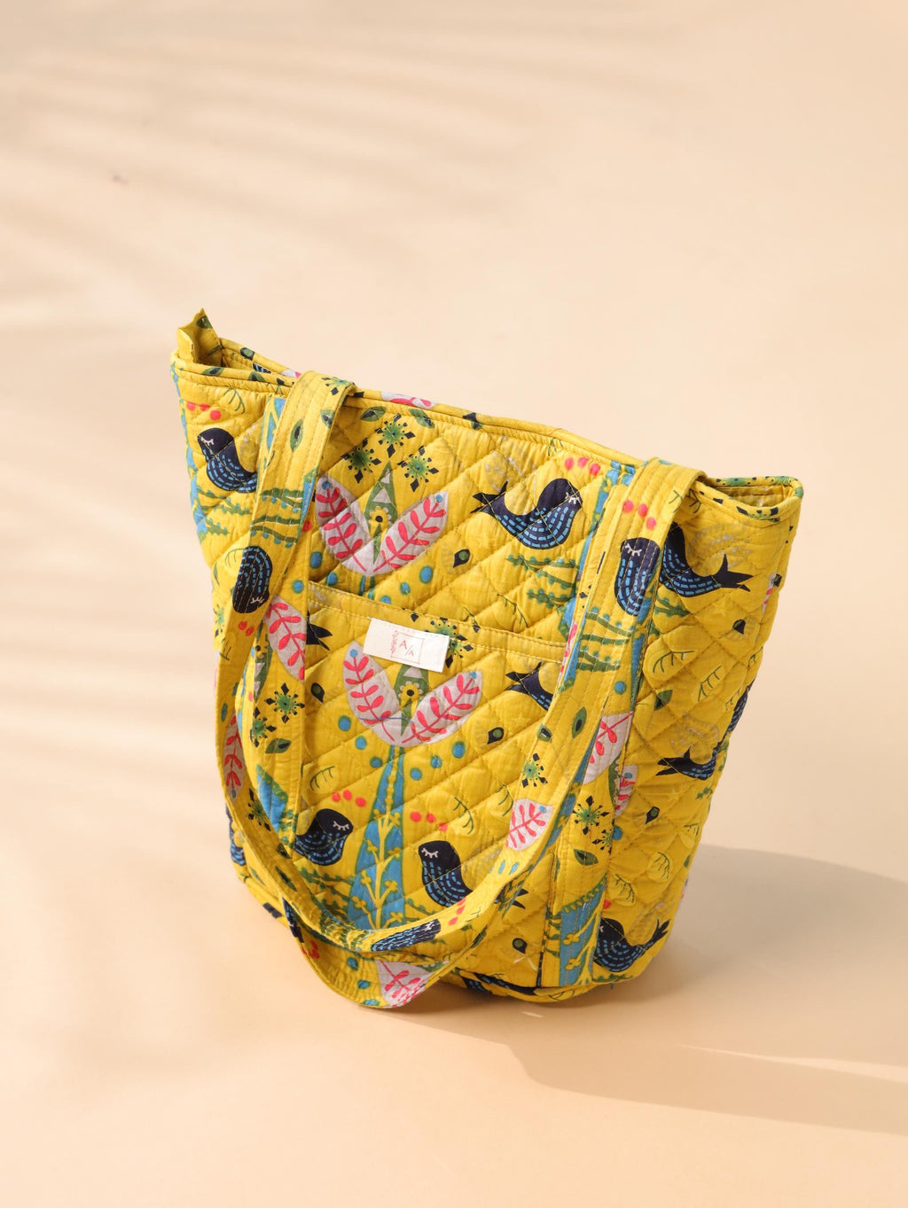 Handmade Quilted Cotton Tote Bag (12H x 9W x 5D) – Yellow Printed Everyday Carry Bag