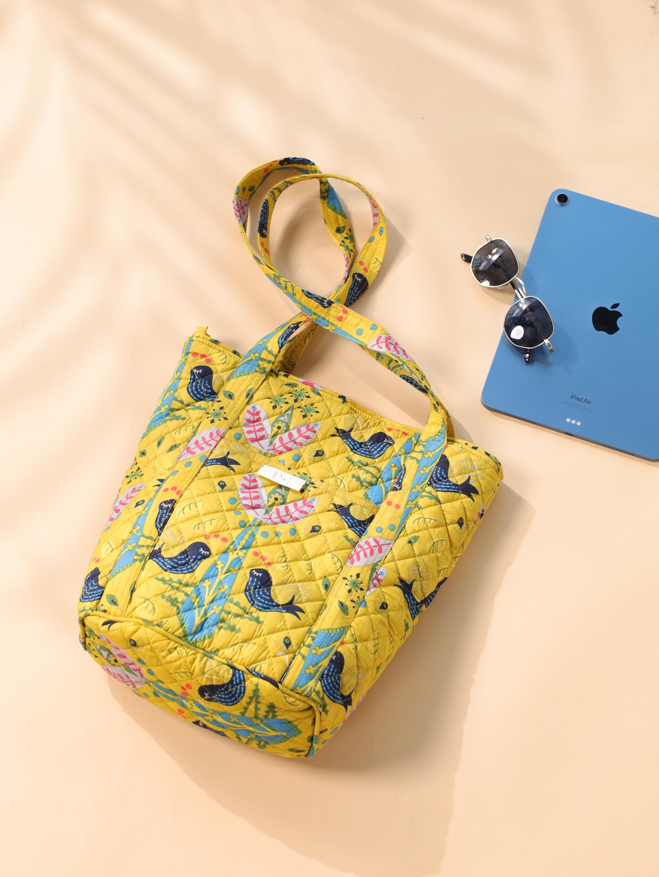 Handmade Quilted Cotton Tote Bag (12H x 9W x 5D) – Yellow Printed Everyday Carry Bag