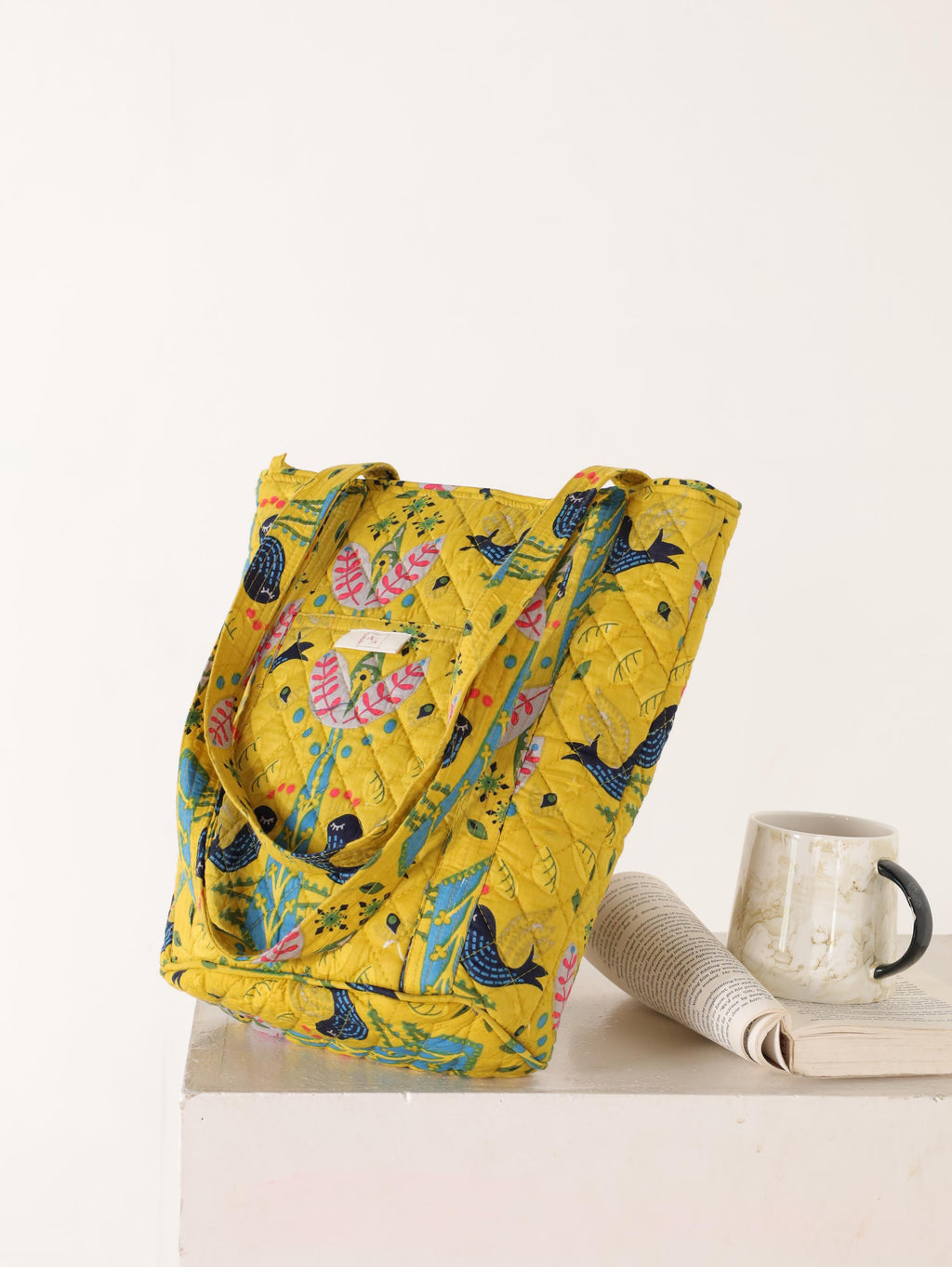 Handmade Quilted Cotton Tote Bag (12H x 9W x 5D) – Yellow Printed Everyday Carry Bag