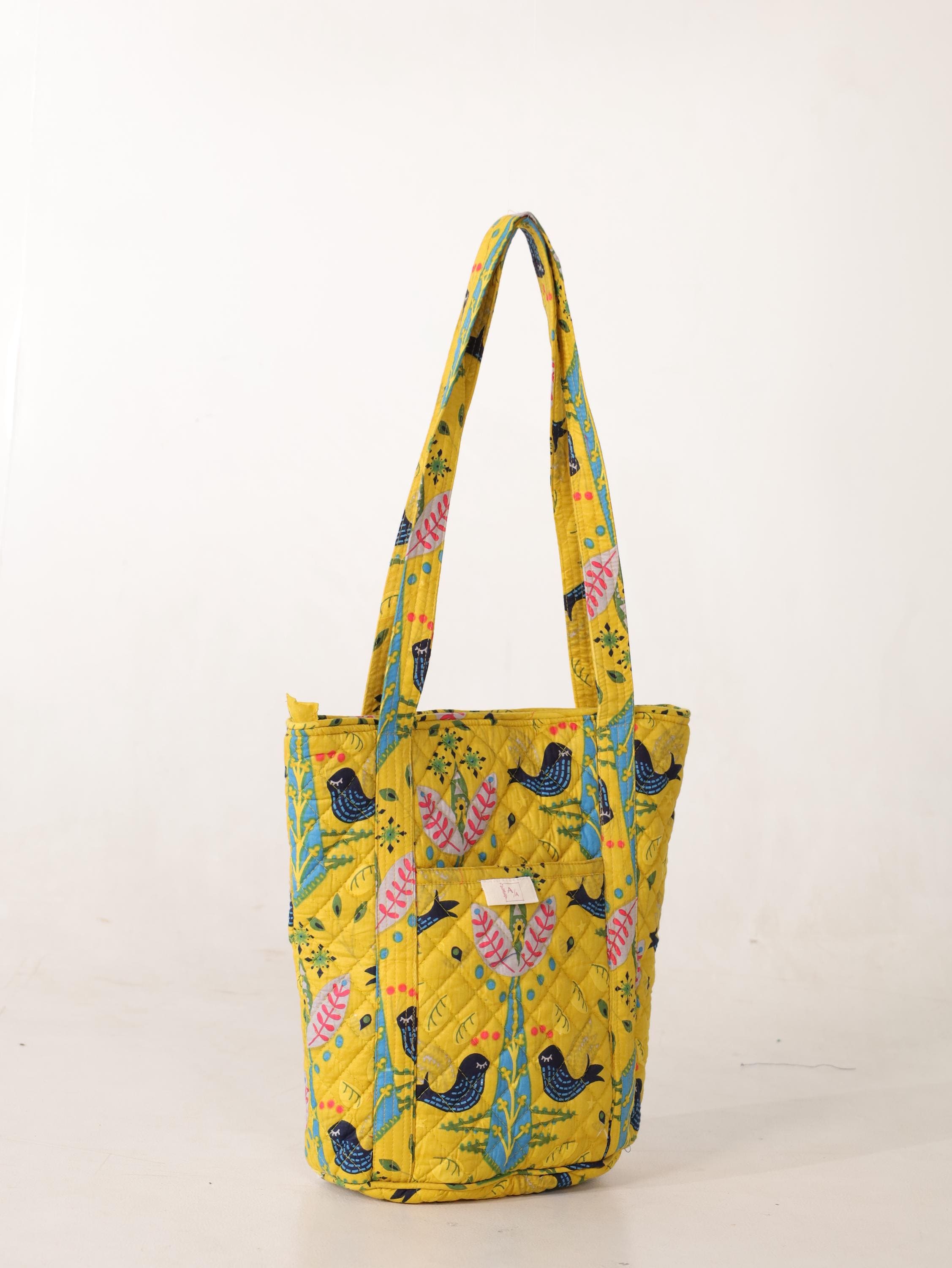 Handmade Quilted Cotton Tote Bag (12H x 9W x 5D) – Yellow Printed Everyday Carry Bag