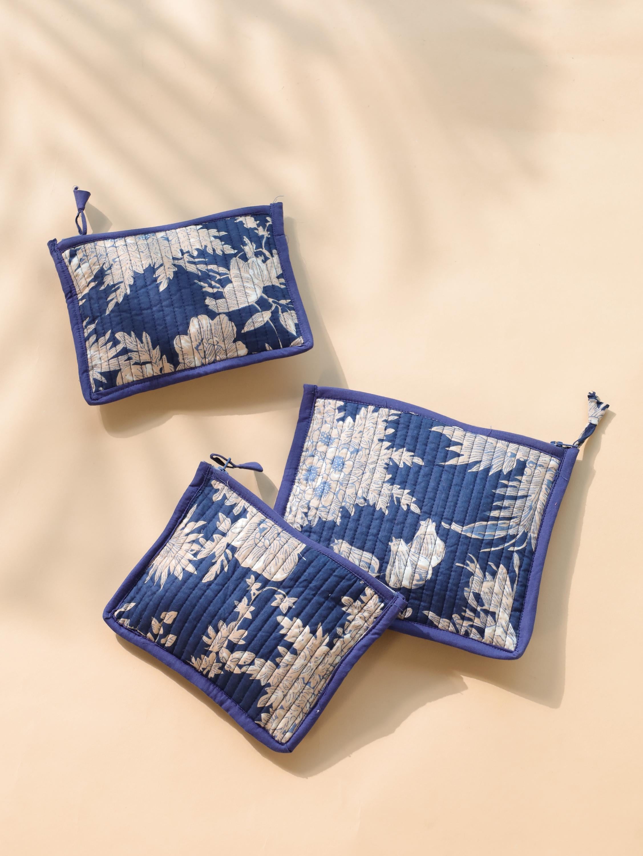 Block Print Cotton Pouch Set - Handmade Travel Organizer with Pink Floral - Cosmetic and Jewelry Bags