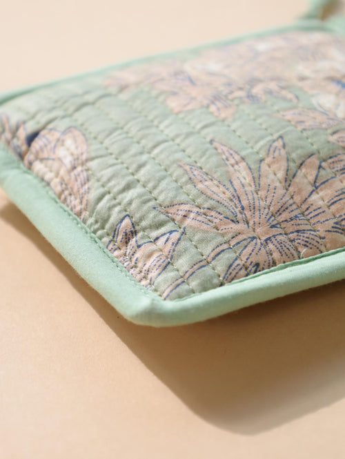 Block Print Cotton Pouch Set - Handmade Travel Organizer with Sage Green Floral - Cosmetic and Jewelry Bags