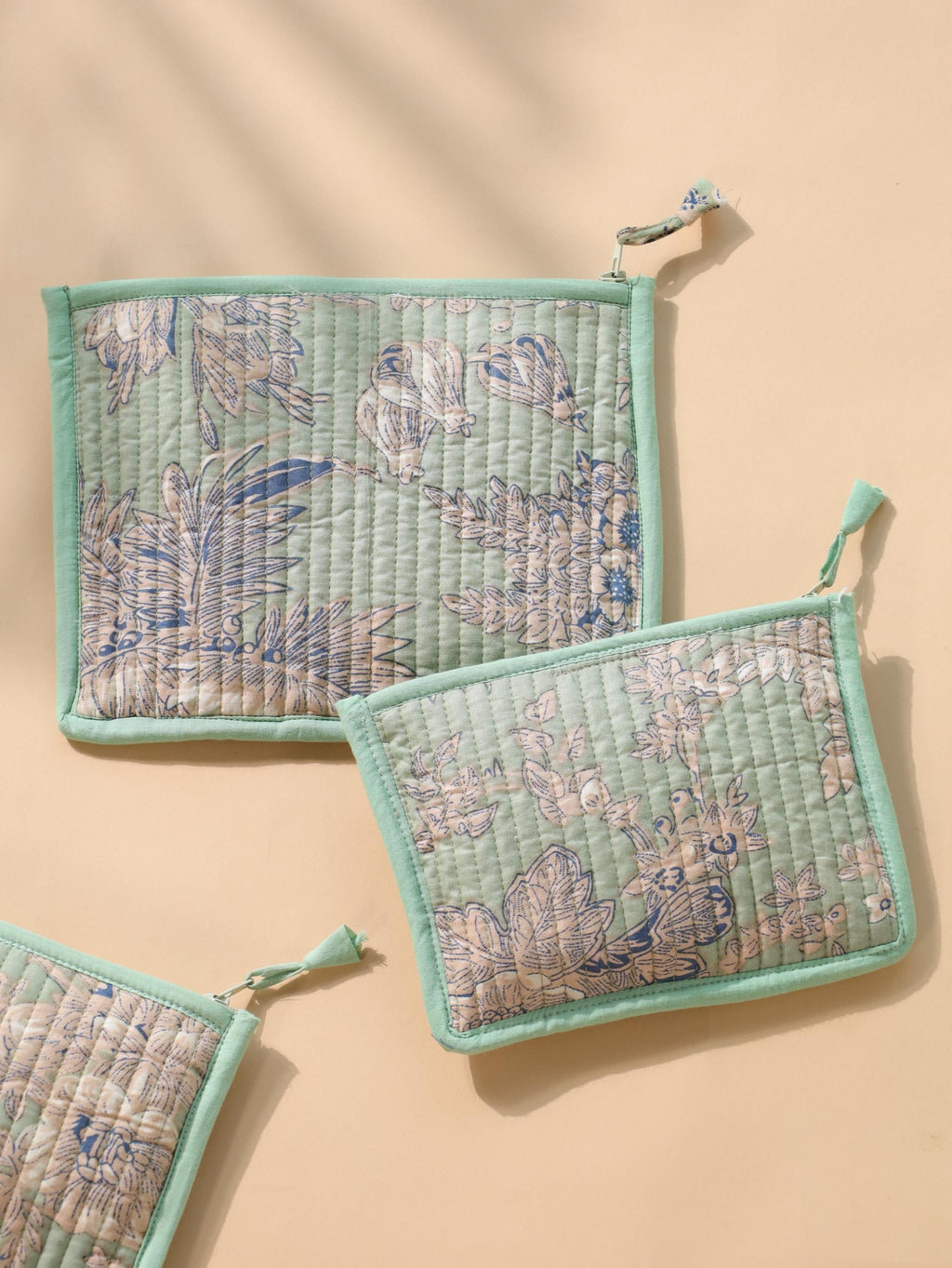 Block Print Cotton Pouch Set - Handmade Travel Organizer with Sage Green Floral - Cosmetic and Jewelry Bags