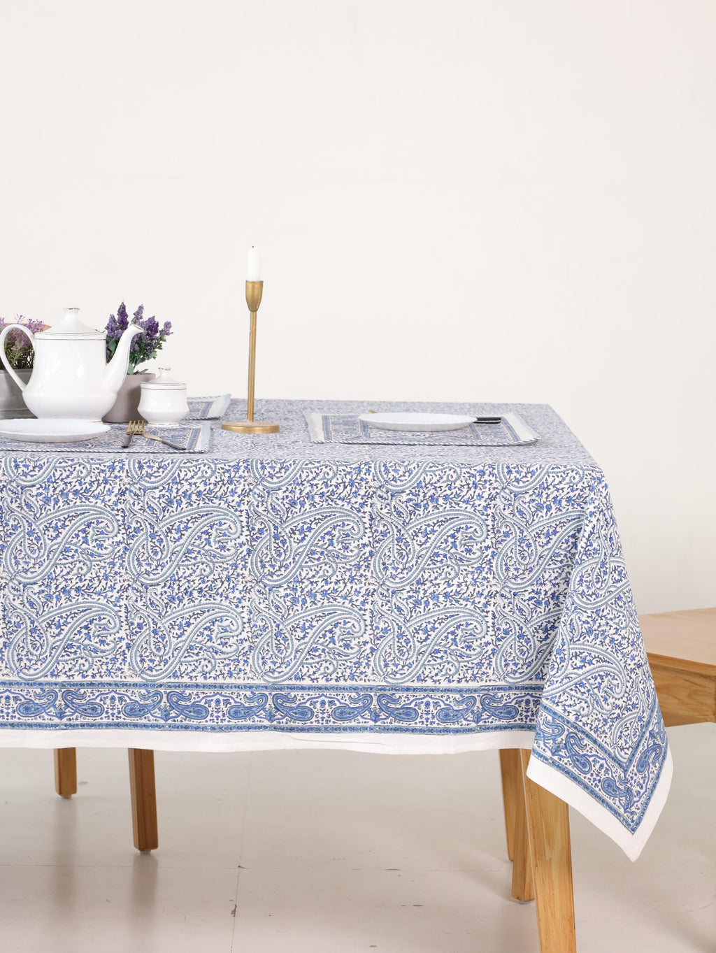 Hand Block Printed Cotton Tablecloth – Light Blue White Floral Dining Cover