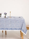Hand Block Printed Cotton Tablecloth – Light Blue White Floral Dining Cover