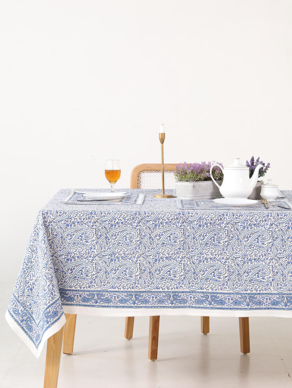 Hand Block Printed Cotton Tablecloth – Light Blue White Floral Dining Cover
