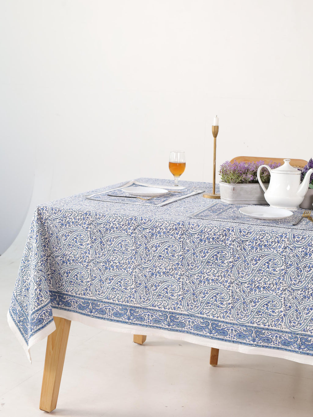Hand Block Printed Cotton Tablecloth – Light Blue White Floral Dining Cover