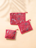 Block Print Cotton Pouch Set - Handmade Travel Organizer with Red Grey Floral - Cosmetic and Jewelry Bags