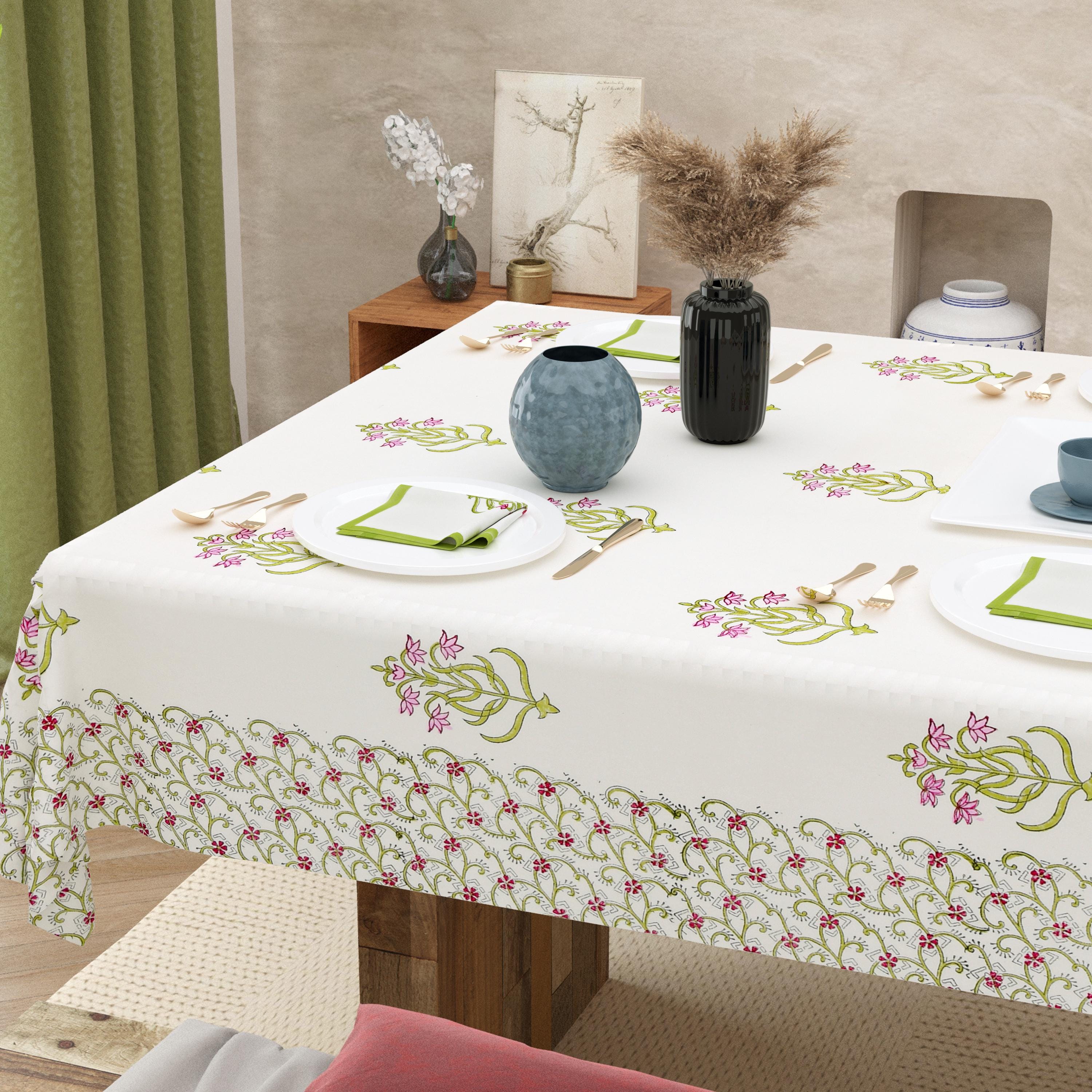 Jaipur Handmade Dining Table Cover Set with 6 Napkins - White Pink Green Floral Tablecloth