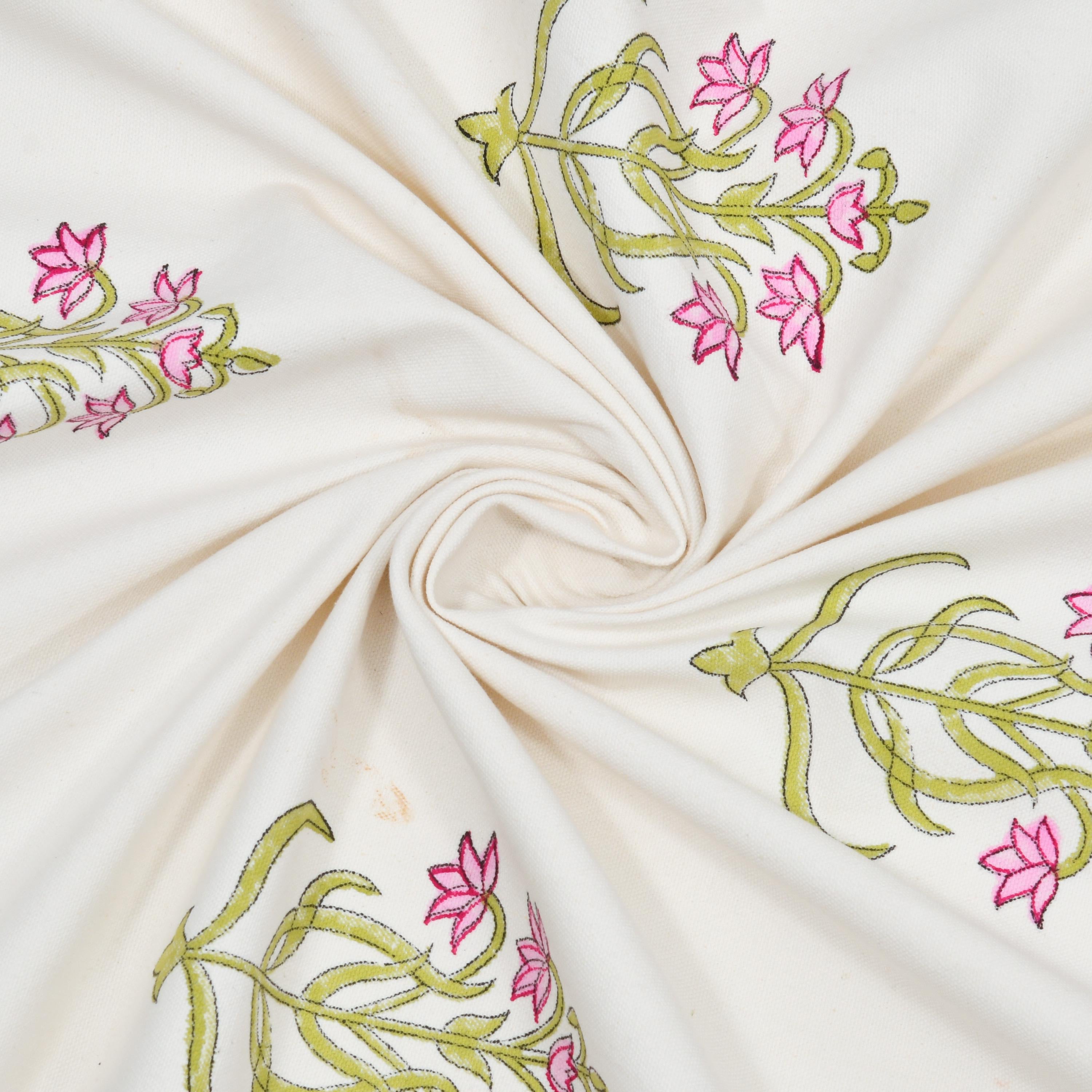 Jaipur Handmade Dining Table Cover Set with 6 Napkins - White Pink Green Floral Tablecloth
