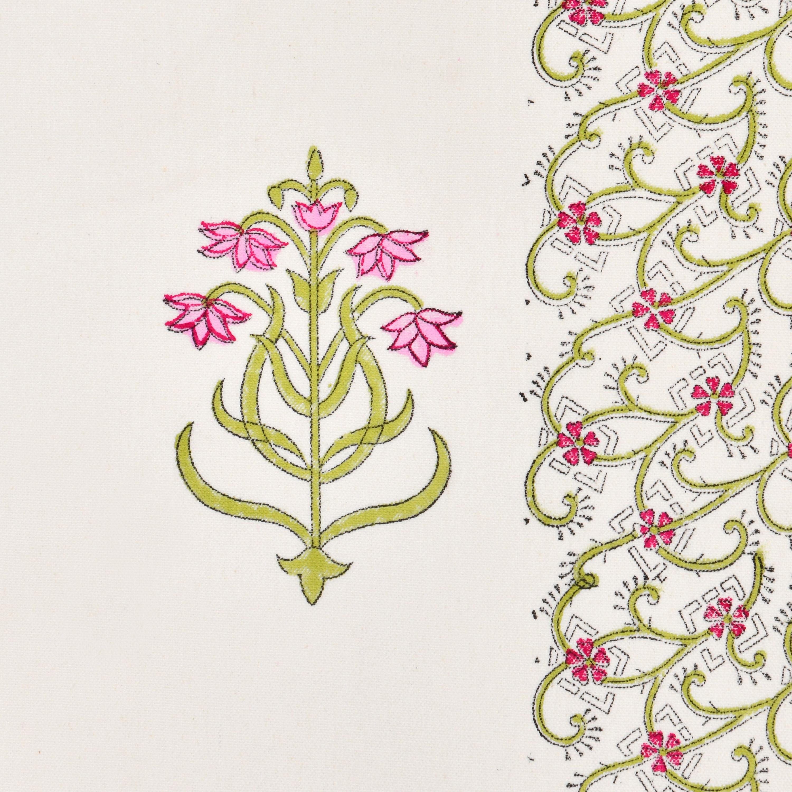 Jaipur Handmade Dining Table Cover Set with 6 Napkins - White Pink Green Floral Tablecloth