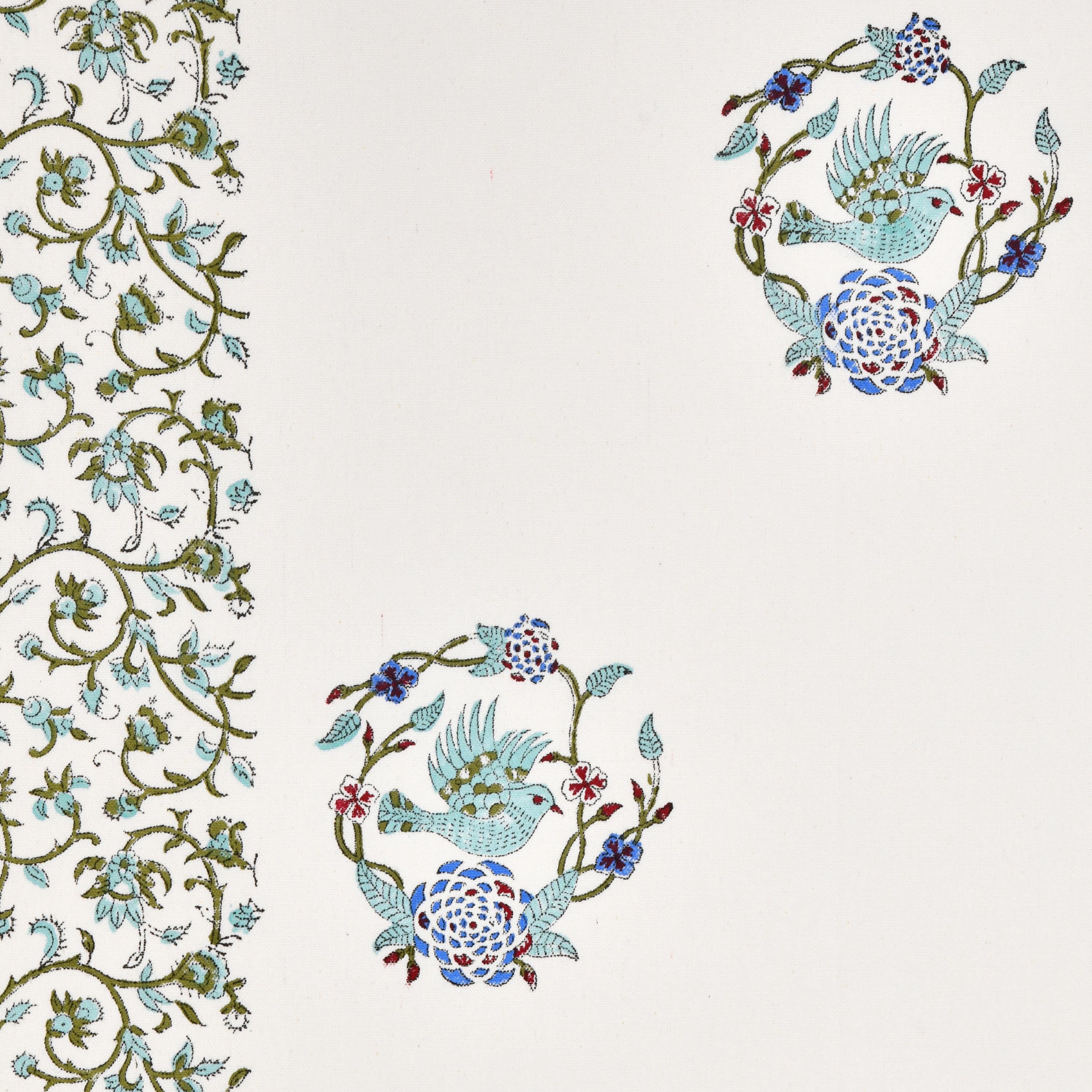 Jaipur Block Print Tablecloth Set – White Green Floral Cotton Dining Table Cover with Napkins