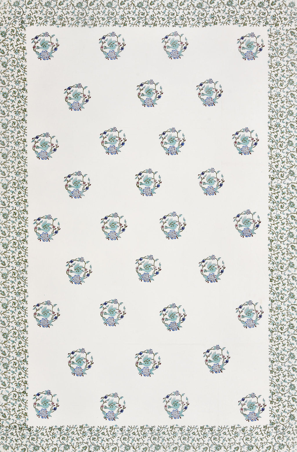 Jaipur Block Print Tablecloth Set – White Green Floral Cotton Dining Table Cover with Napkins