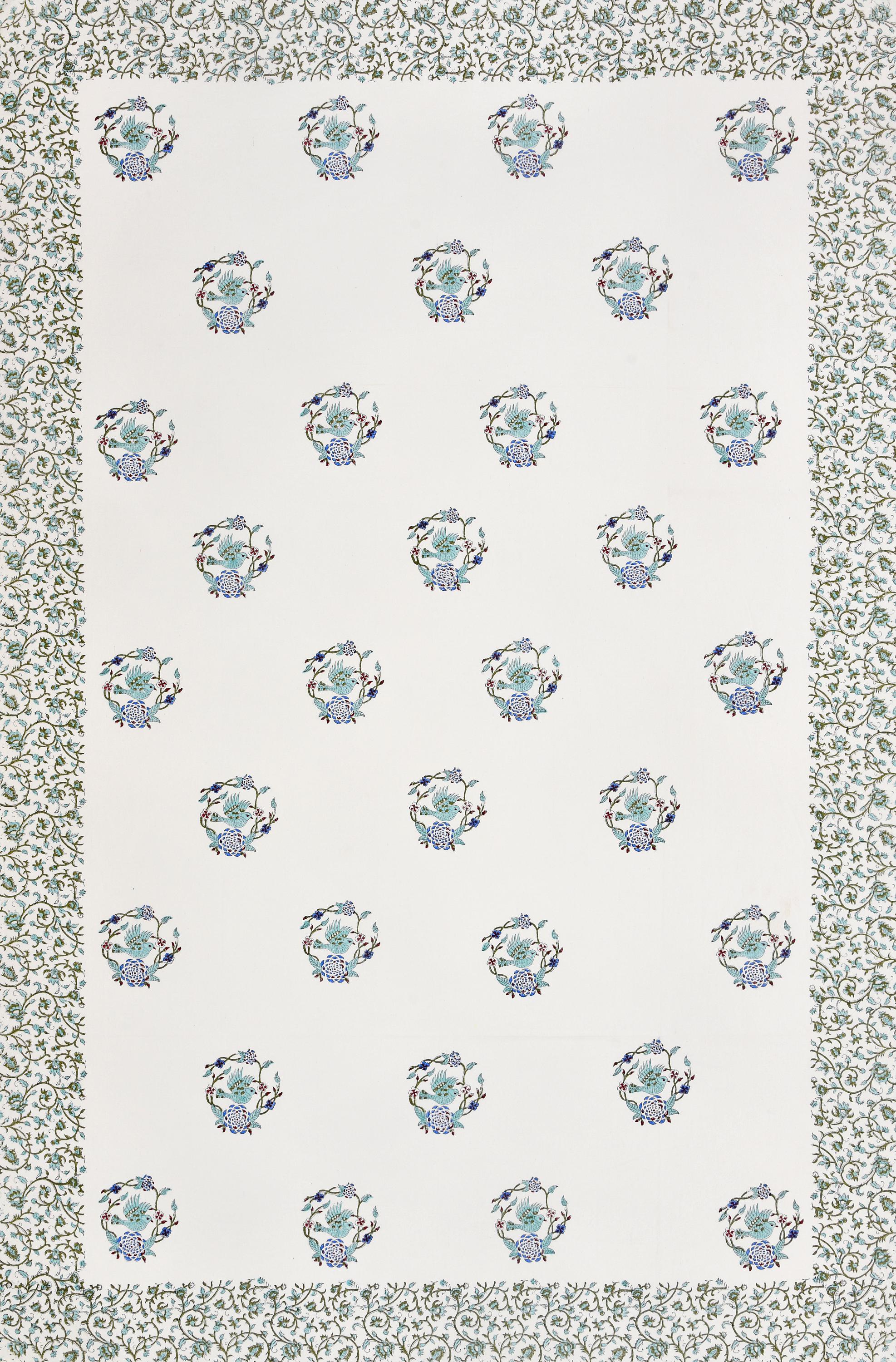 Jaipur Block Print Tablecloth Set – White Green Floral Cotton Dining Table Cover with Napkins