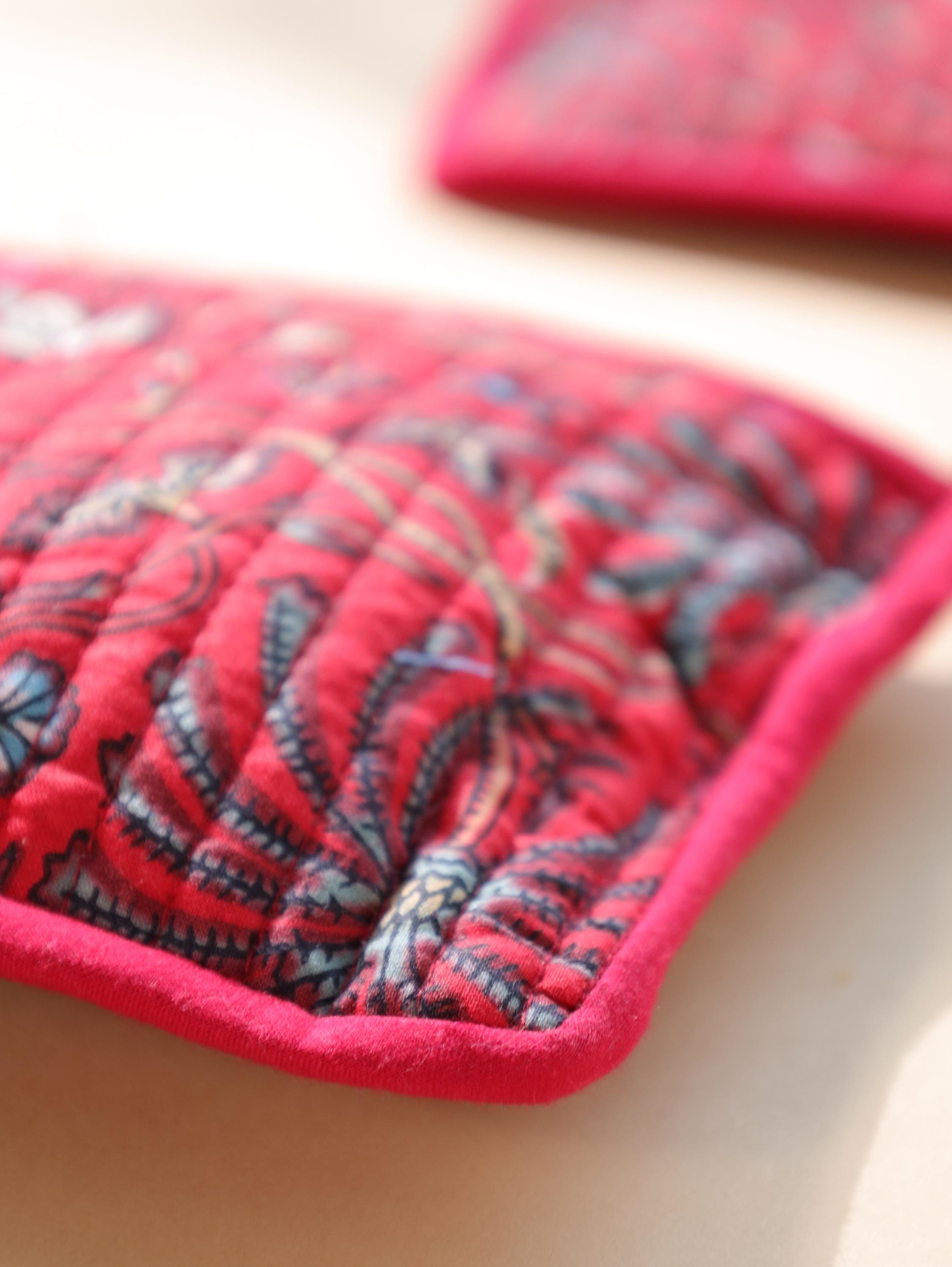 Block Print Cotton Pouch Set - Handmade Travel Organizer with Red Grey Floral - Cosmetic and Jewelry Bags