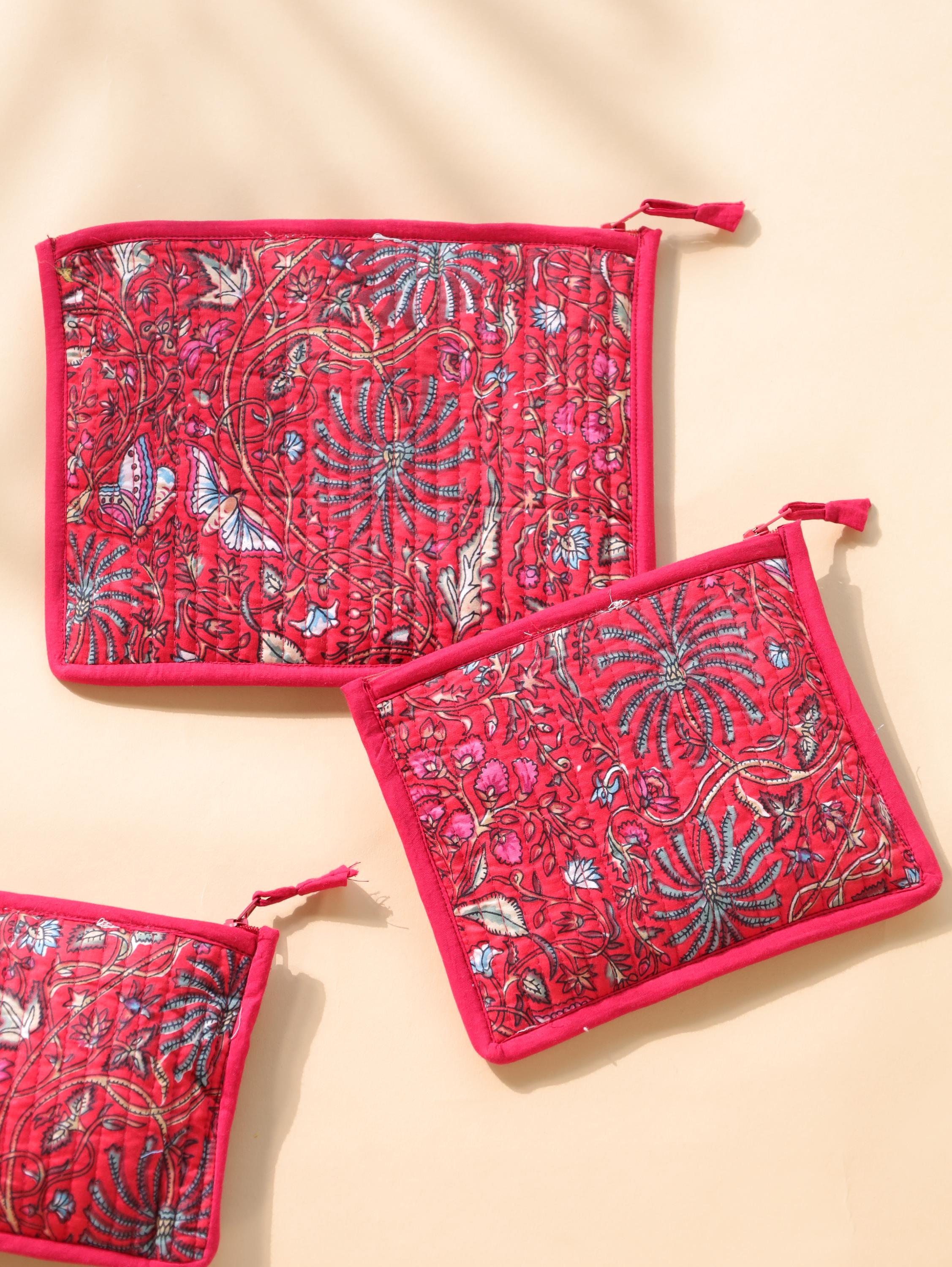 Block Print Cotton Pouch Set - Handmade Travel Organizer with Red Grey Floral - Cosmetic and Jewelry Bags