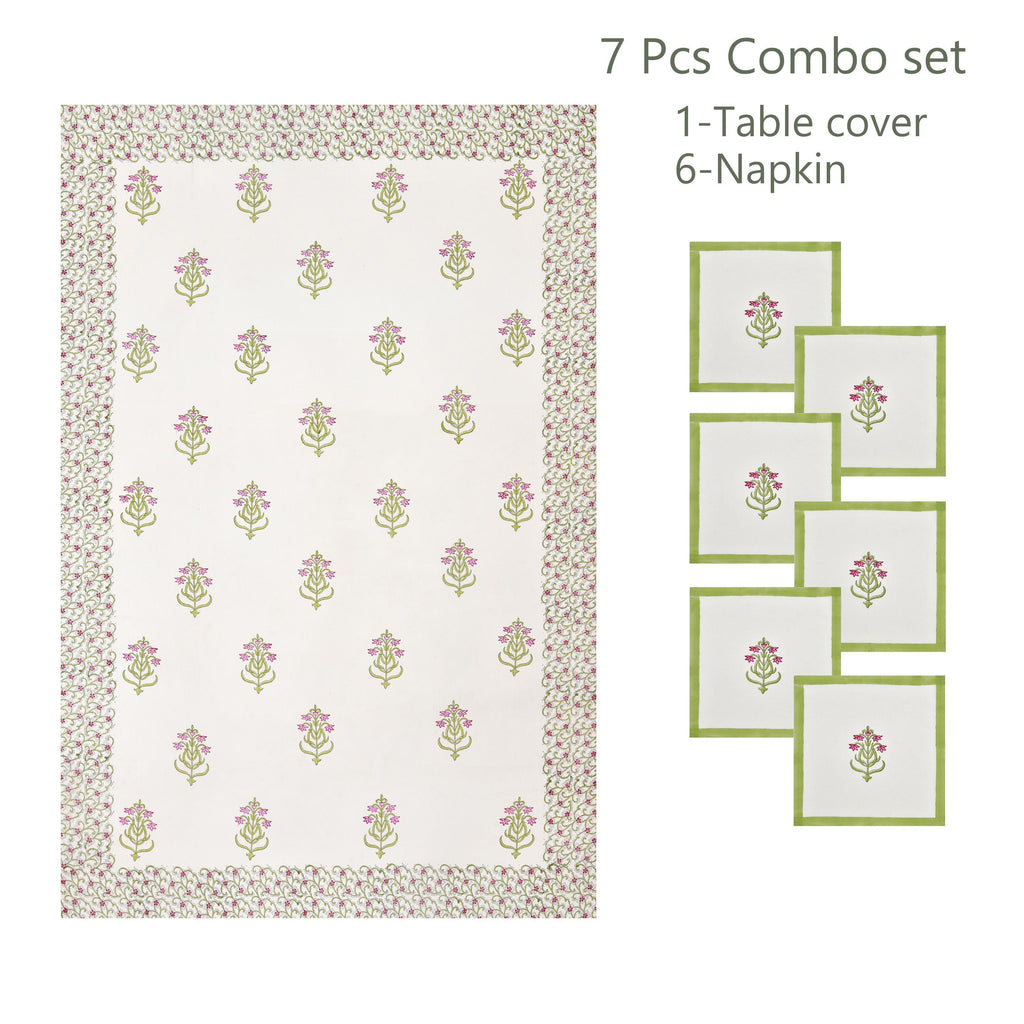 Jaipur Handmade Dining Table Cover Set with 6 Napkins - White Pink Green Floral Tablecloth