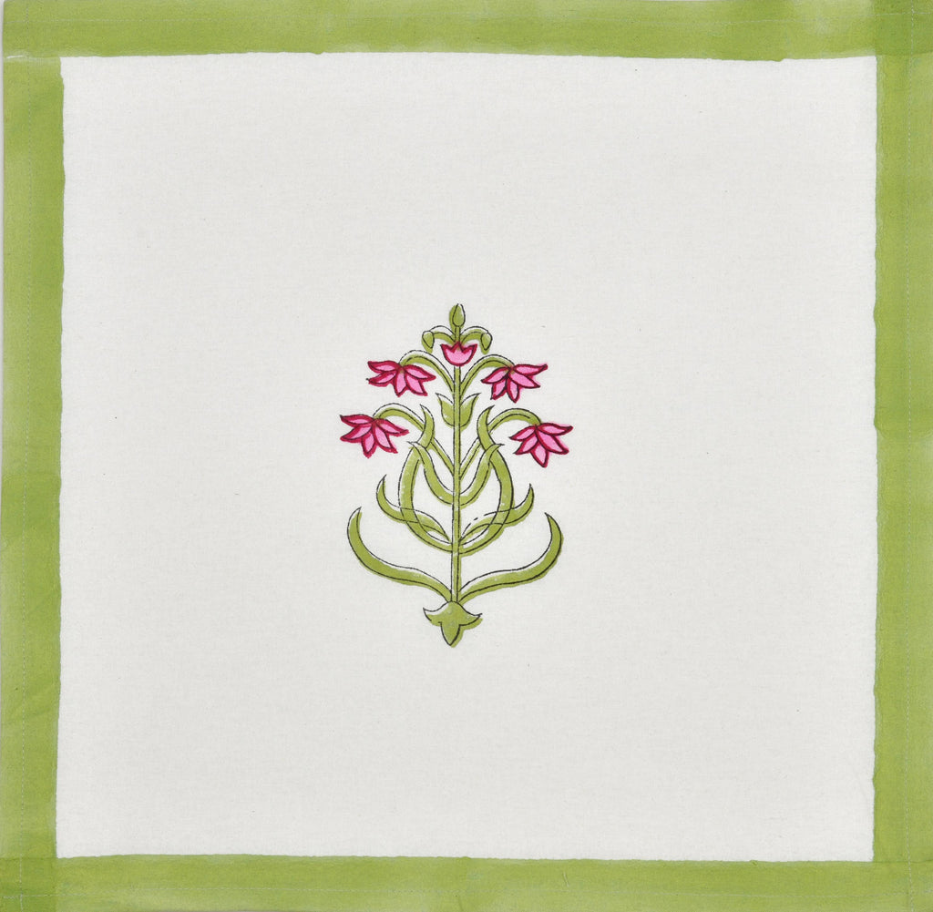Jaipur Handmade Dining Table Cover Set with 6 Napkins - White Pink Green Floral Tablecloth