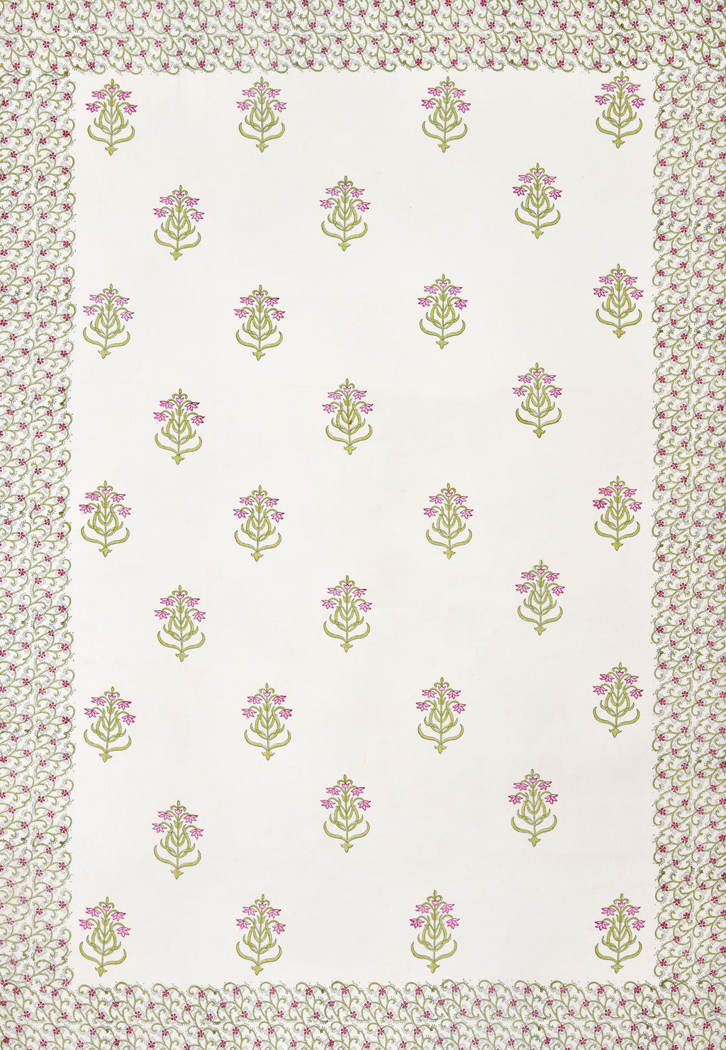Jaipur Handmade Dining Table Cover Set with 6 Napkins - White Pink Green Floral Tablecloth