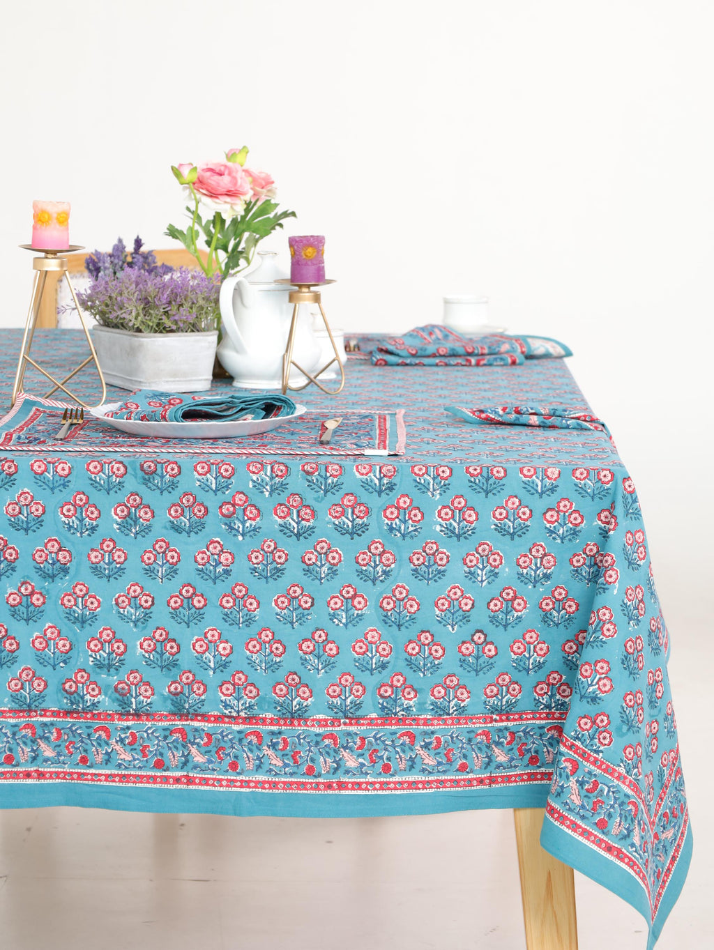Luxury Floral Block Printed Tablecloth - Handmade Cotton Dining Table Cover with Teal Aqua Red Floral