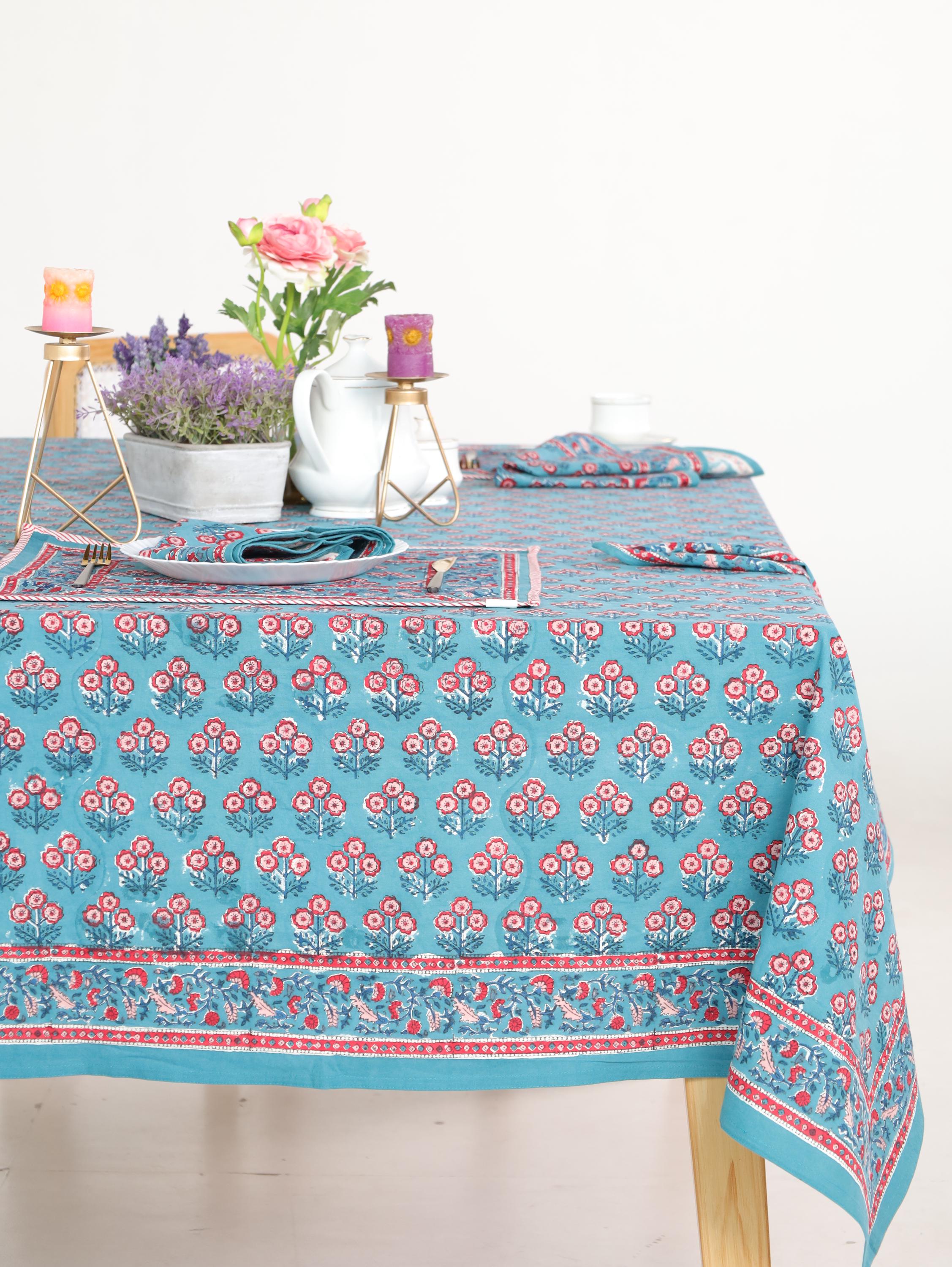 Luxury Floral Block Printed Tablecloth - Handmade Cotton Dining Table Cover with Teal Aqua Red Floral