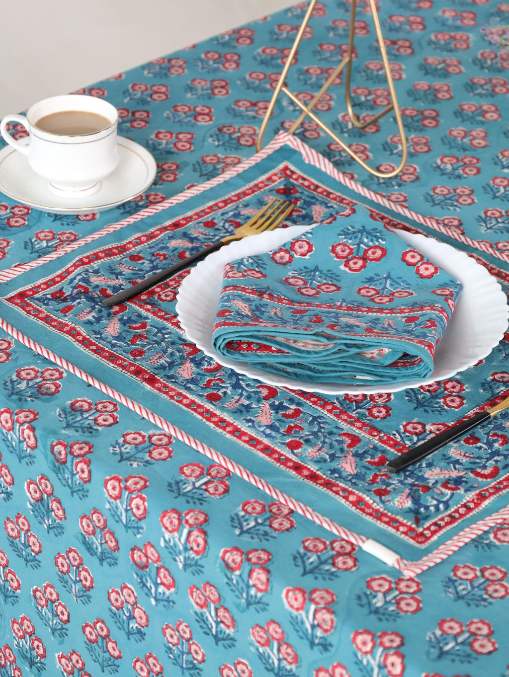 Luxury Floral Block Printed Tablecloth - Handmade Cotton Dining Table Cover with Teal Aqua Red Floral