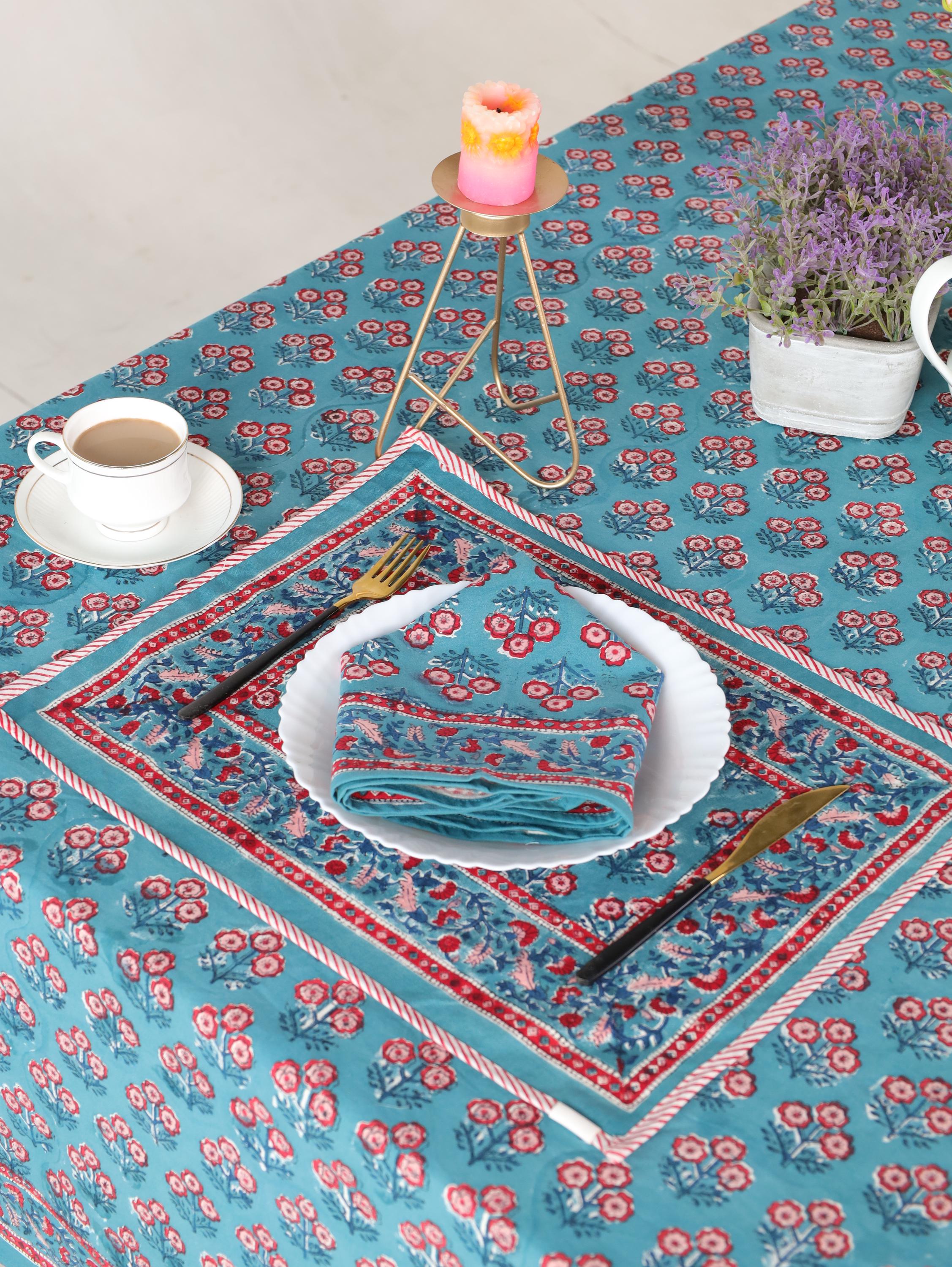 Luxury Floral Block Printed Tablecloth - Handmade Cotton Dining Table Cover with Teal Aqua Red Floral