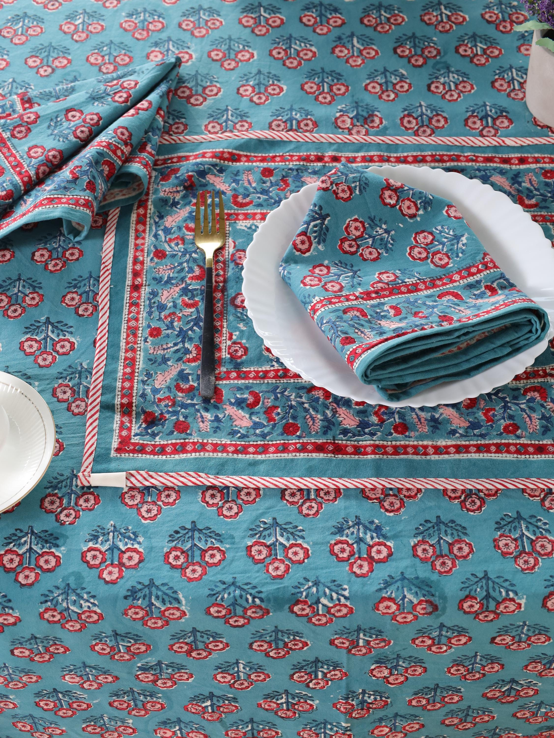 Luxury Floral Block Printed Tablecloth - Handmade Cotton Dining Table Cover with Teal Aqua Red Floral