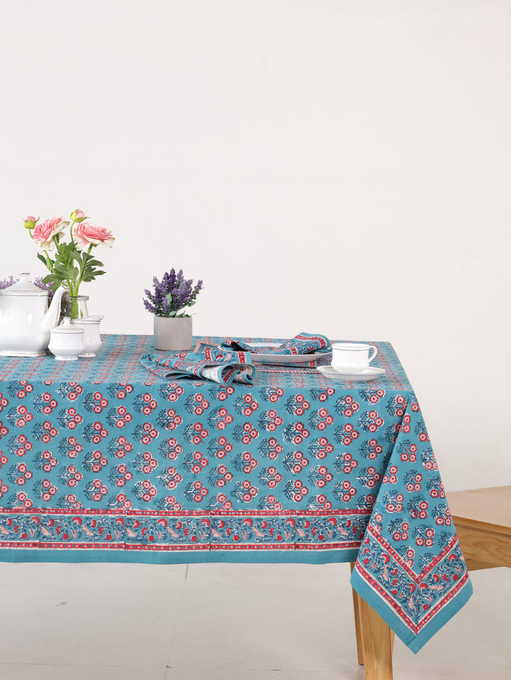 Luxury Floral Block Printed Tablecloth - Handmade Cotton Dining Table Cover with Teal Aqua Red Floral