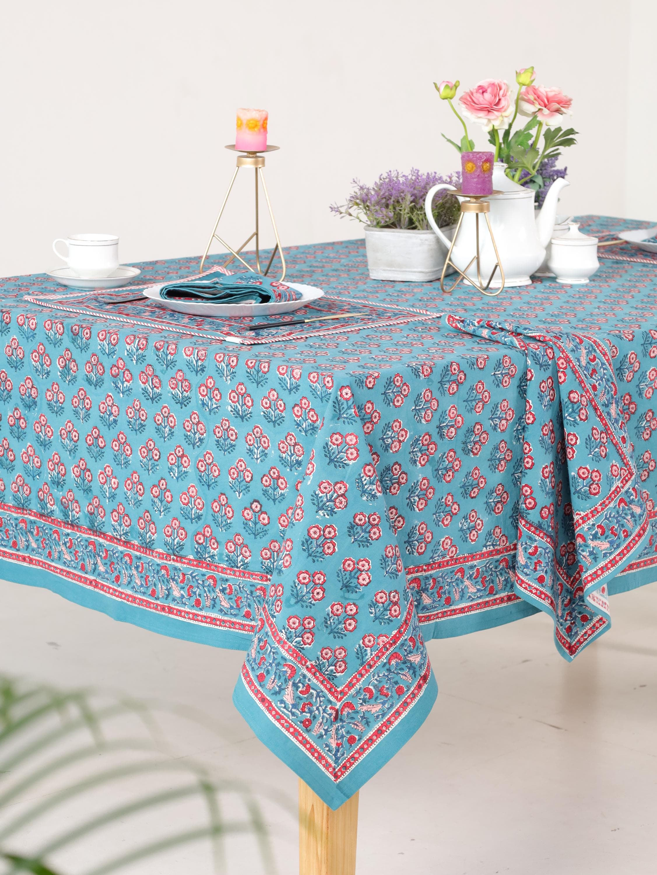 Luxury Floral Block Printed Tablecloth - Handmade Cotton Dining Table Cover with Teal Aqua Red Floral